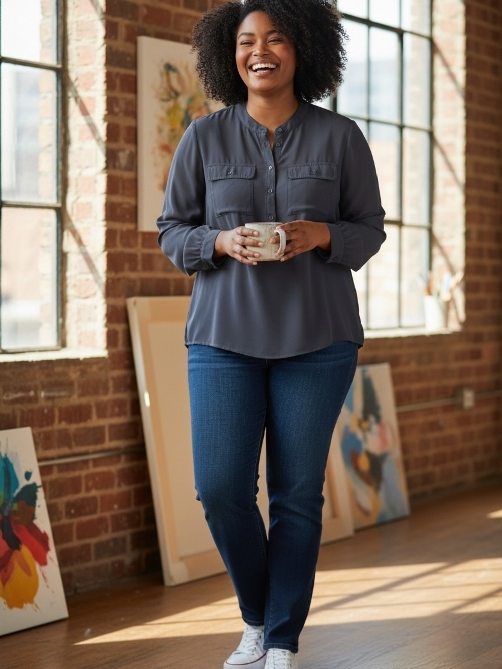 PHILOSOPHY Button-Front Dark Slate Blouse